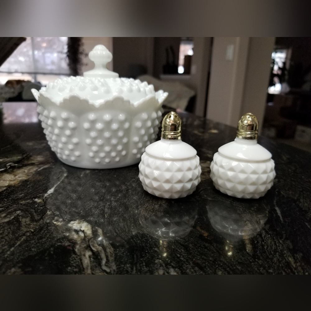 Antique Milk Glass Salt & Pepper Shakers, Sugar Bowl Set